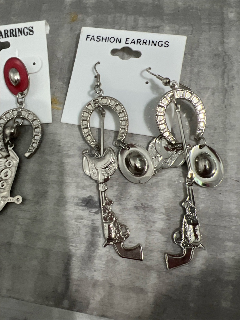 Western Horseshoe & Revolver Dangle Earrings - Silver with Red Accent Cowboy Hat - Picture 3 of 3